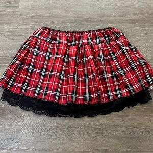 Chic Red Plaid Mini Skirt with Lace Hem